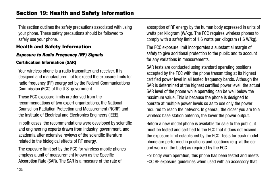 Section 19: health and safety information, Health and safety information, Exposure to radio frequency (rf) signals | Certification information (sar) | Samsung SCH-R520LBAXAR User Manual | Page 138 / 169