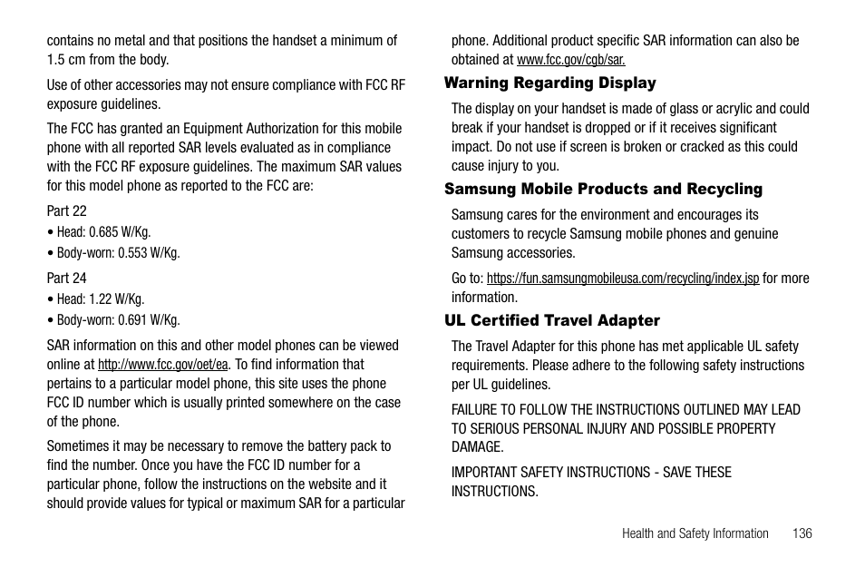 Warning regarding display, Samsung mobile products and recycling, Ul certified travel adapter | Samsung SCH-R520LBAXAR User Manual | Page 139 / 169