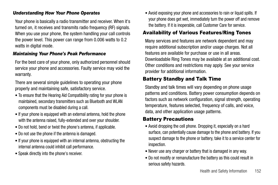 Understanding how your phone operates, Maintaining your phone's peak performance, Availability of various features/ring tones | Battery standby and talk time, Battery precautions | Samsung SCH-R520LBAXAR User Manual | Page 155 / 169