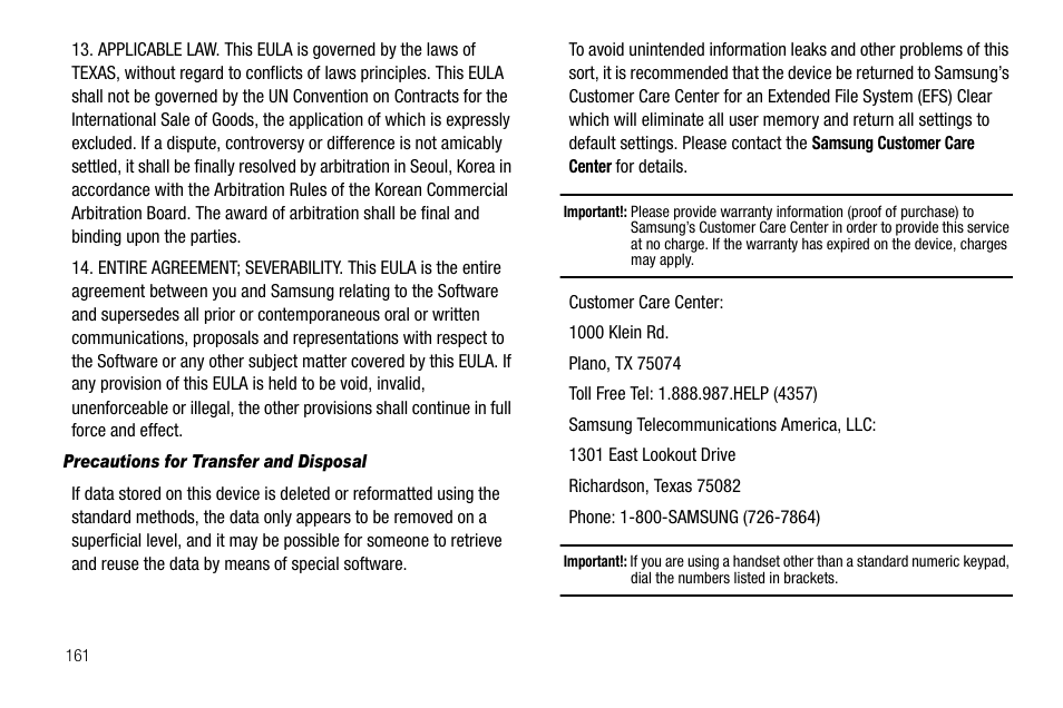 Precautions for transfer and disposal | Samsung SCH-R520LBAXAR User Manual | Page 164 / 169