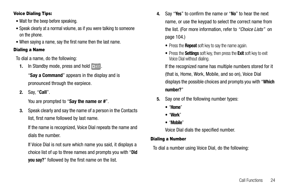 Voice dialing tips, Dialing a name, Dialing a number | Samsung SCH-R520LBAXAR User Manual | Page 27 / 169