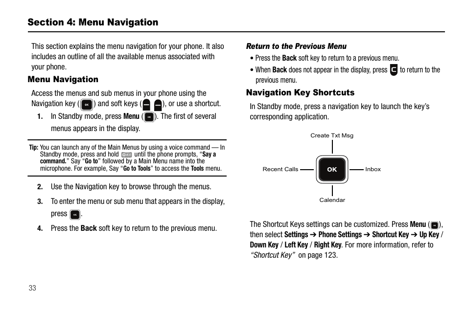 Section 4: menu navigation, Menu navigation, Return to the previous menu | Navigation key shortcuts, Menu navigation navigation key shortcuts | Samsung SCH-R520LBAXAR User Manual | Page 36 / 169