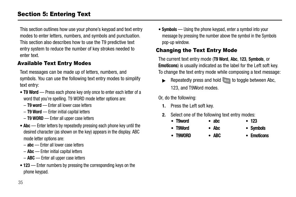 Section 5: entering text, Available text entry modes, Changing the text entry mode | Samsung SCH-R520LBAXAR User Manual | Page 38 / 169