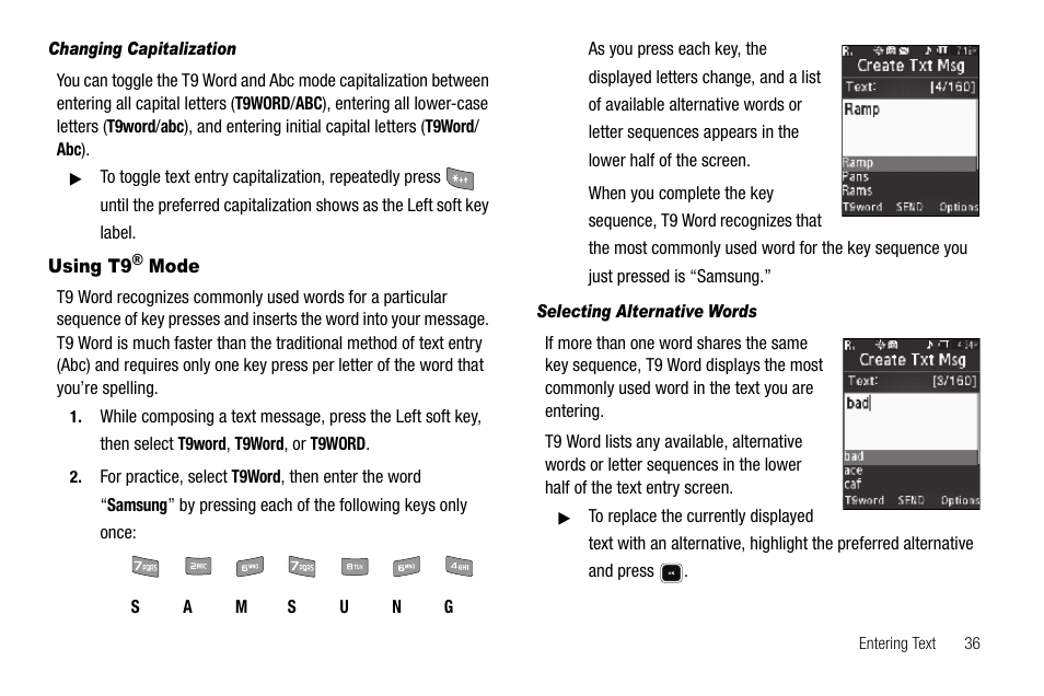 Changing capitalization, Using t9® mode, Selecting alternative words | Samsung SCH-R520LBAXAR User Manual | Page 39 / 169