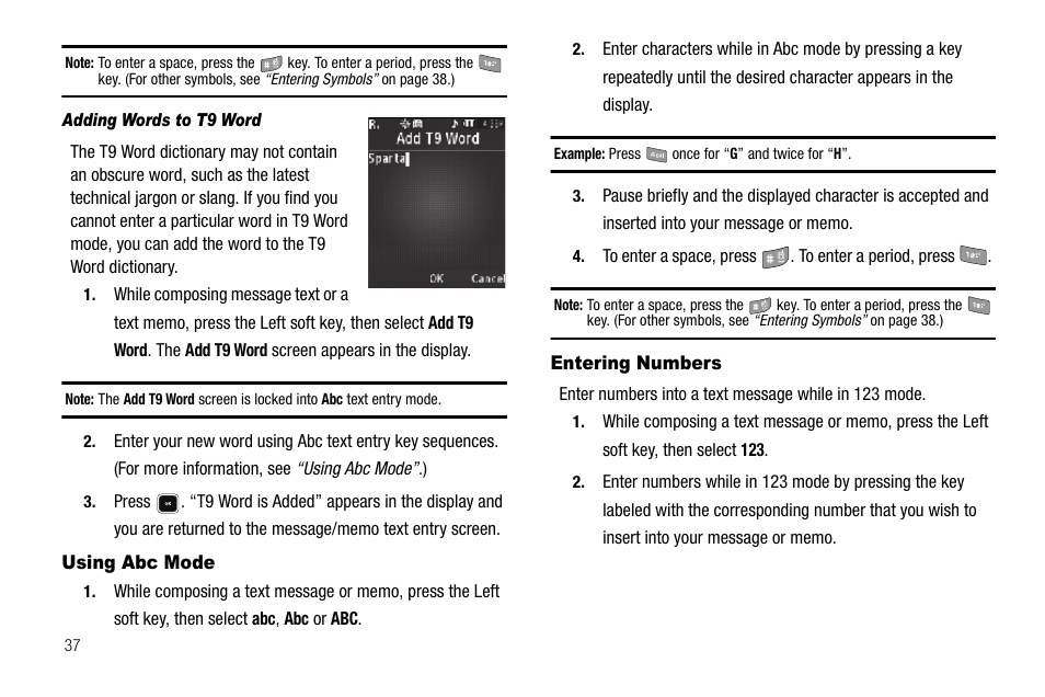 Adding words to t9 word, Using abc mode, Entering numbers | Using abc mode entering numbers | Samsung SCH-R520LBAXAR User Manual | Page 40 / 169