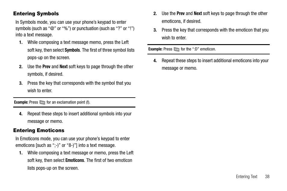 Entering symbols, Entering emoticons, Entering symbols entering emoticons | Samsung SCH-R520LBAXAR User Manual | Page 41 / 169