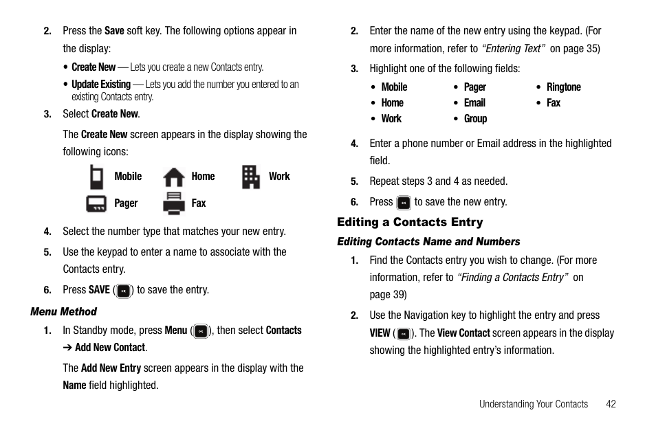 Menu method, Editing a contacts entry, Editing contacts name and numbers | Samsung SCH-R520LBAXAR User Manual | Page 45 / 169