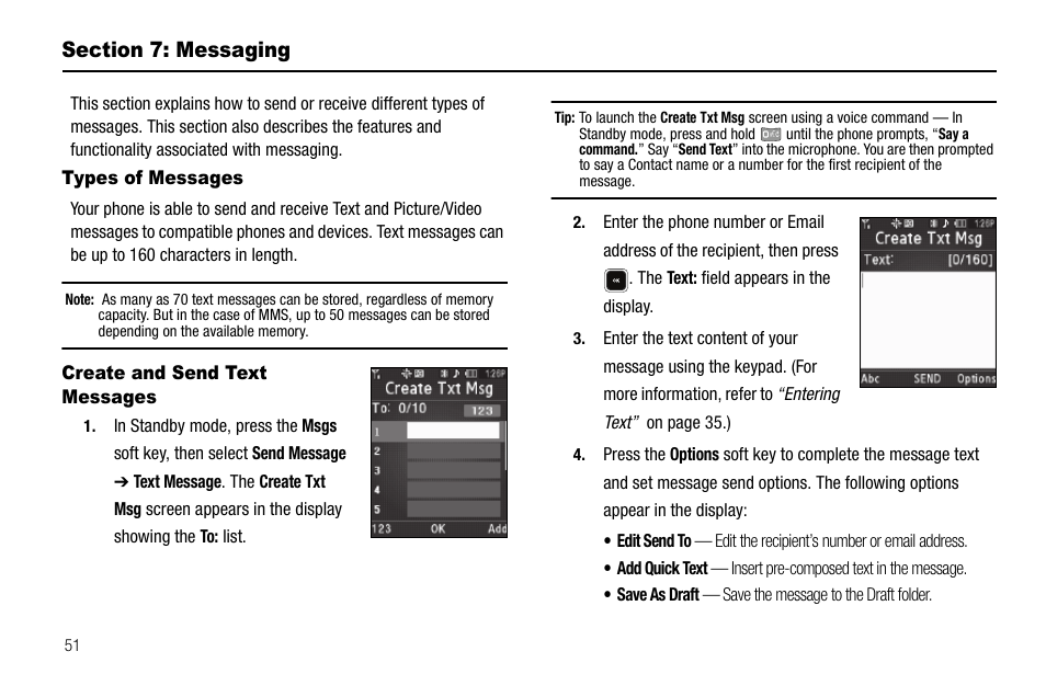 Section 7: messaging, Types of messages, Create and send text messages | Samsung SCH-R520LBAXAR User Manual | Page 54 / 169