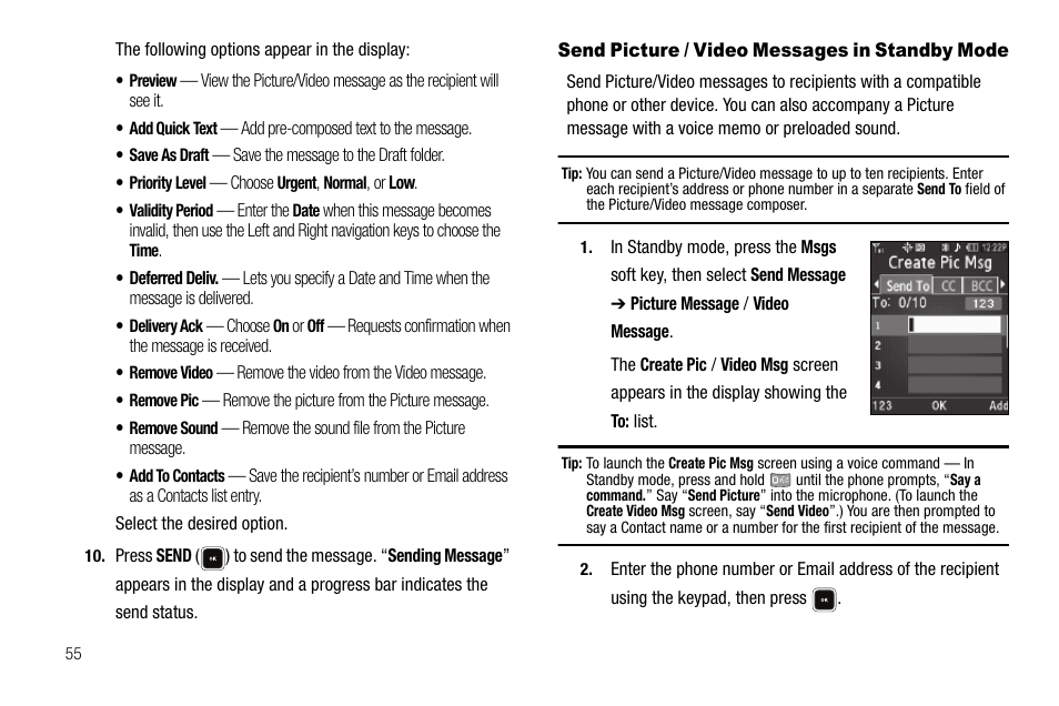 Send picture / video messages in standby mode | Samsung SCH-R520LBAXAR User Manual | Page 58 / 169