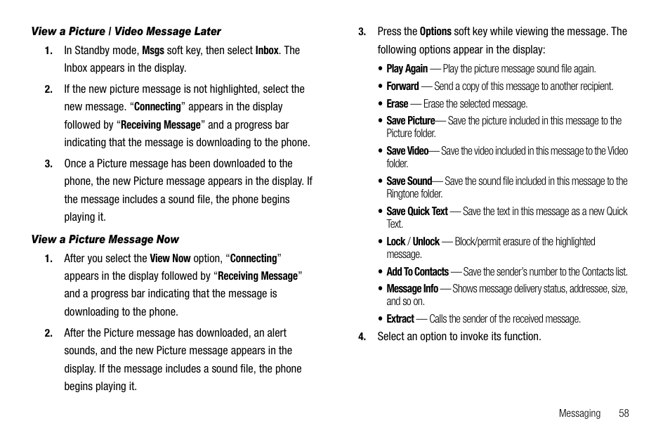 View a picture / video message later, View a picture message now | Samsung SCH-R520LBAXAR User Manual | Page 61 / 169