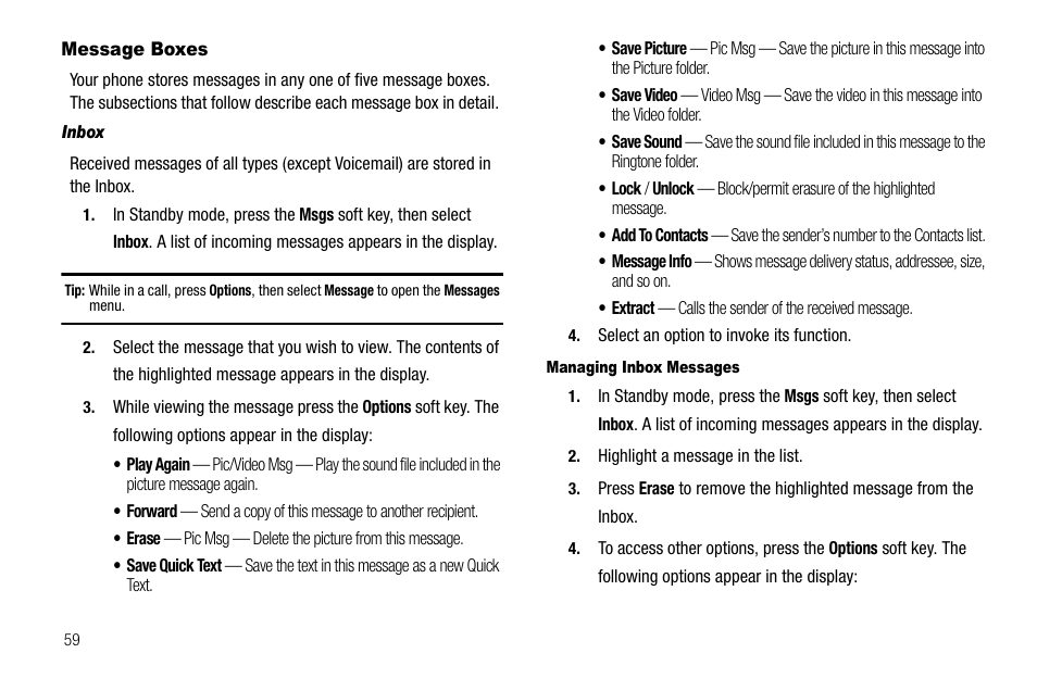 Message boxes, Inbox, Managing inbox messages | Samsung SCH-R520LBAXAR User Manual | Page 62 / 169