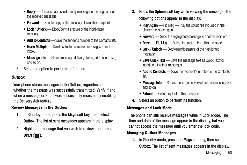 Outbox, Review messages in the outbox, Messages and lock mode | Managing outbox messages | Samsung SCH-R520LBAXAR User Manual | Page 63 / 169