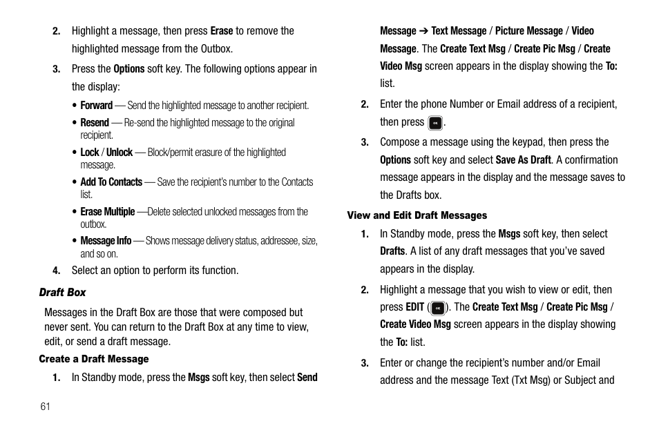 Draft box, Create a draft message, View and edit draft messages | Samsung SCH-R520LBAXAR User Manual | Page 64 / 169