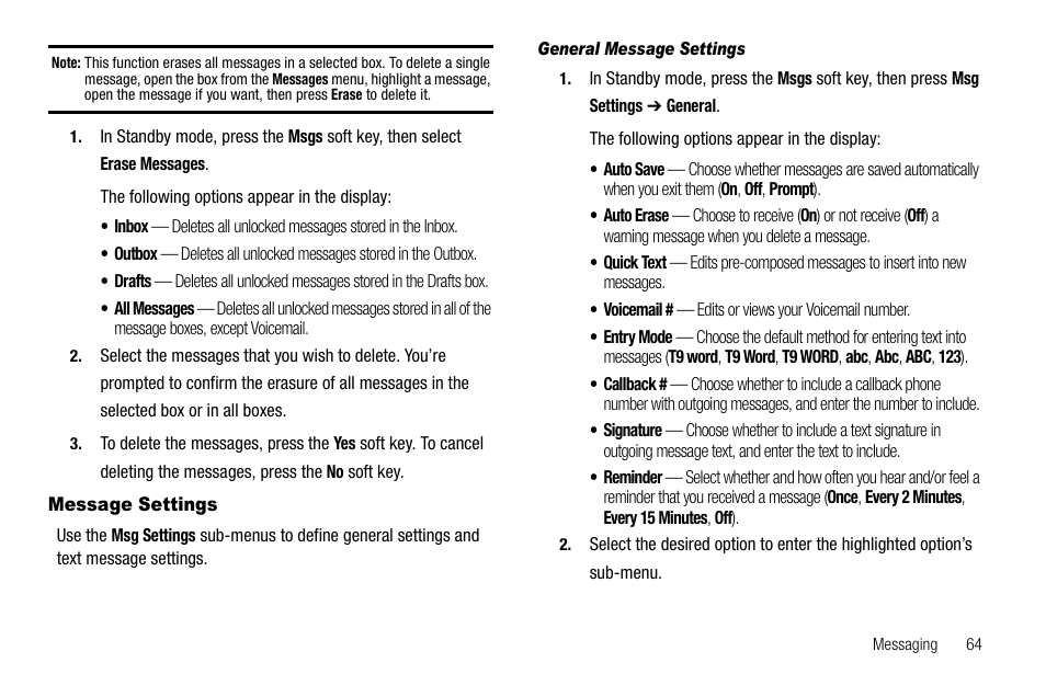 Message settings, General message settings | Samsung SCH-R520LBAXAR User Manual | Page 67 / 169