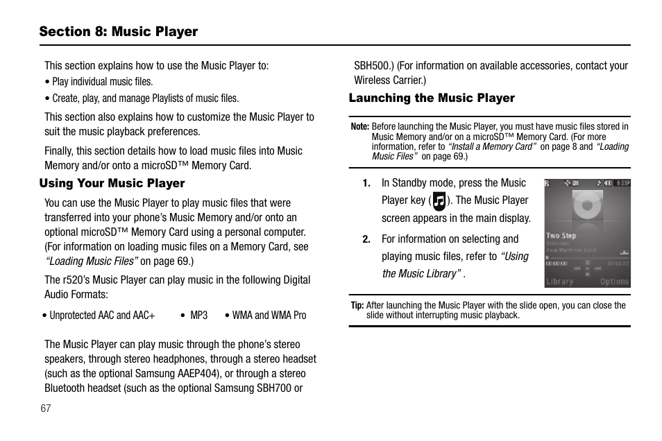 Section 8: music player, Using your music player, Launching the music player | Using your music player launching the music player, For more information, refer to “music player” on | Samsung SCH-R520LBAXAR User Manual | Page 70 / 169