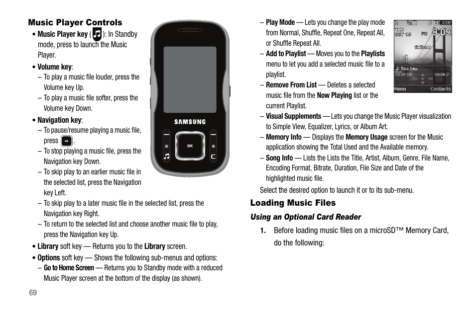 Music player controls, Loading music files, Using an optional card reader | Music player controls loading music files | Samsung SCH-R520LBAXAR User Manual | Page 72 / 169