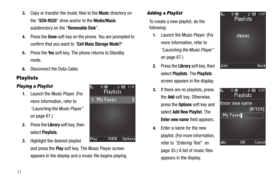 Playlists, Playing a playlist, Adding a playlist | Samsung SCH-R520LBAXAR User Manual | Page 74 / 169