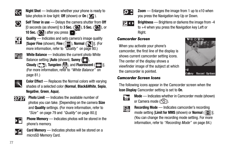 Camcorder screen, Camcorder screen icons, For more | Information, refer to “camcorder | Samsung SCH-R520LBAXAR User Manual | Page 80 / 169