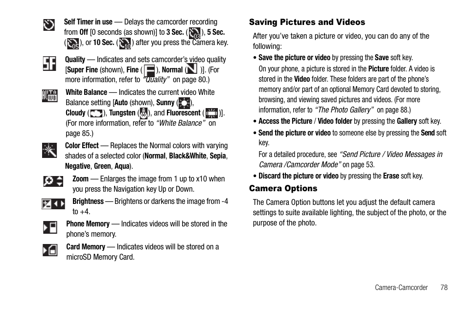 Saving pictures and videos, Camera options, Saving pictures and videos camera options | Samsung SCH-R520LBAXAR User Manual | Page 81 / 169