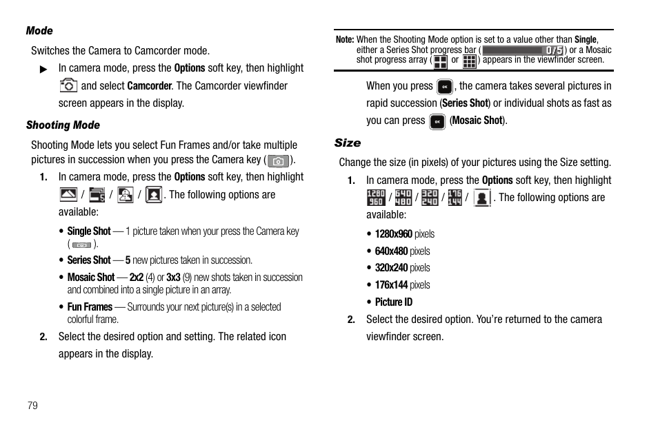 Mode, Shooting mode, Size | 320x240, 176x144, For more information, refer to | Samsung SCH-R520LBAXAR User Manual | Page 82 / 169