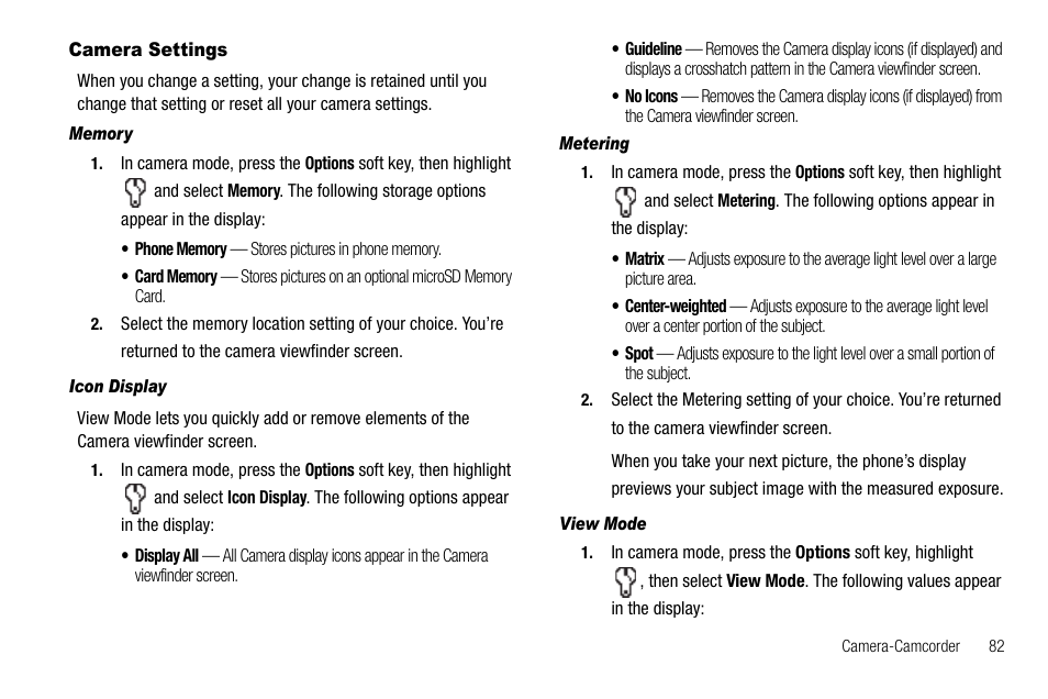 Camera settings, Memory, Icon display | Metering, View mode | Samsung SCH-R520LBAXAR User Manual | Page 85 / 169