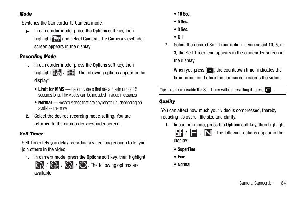 Mode, Recording mode, Self timer | Quality | Samsung SCH-R520LBAXAR User Manual | Page 87 / 169