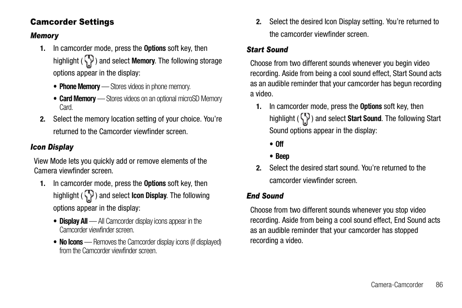 Camcorder settings, Memory, Icon display | Start sound, End sound | Samsung SCH-R520LBAXAR User Manual | Page 89 / 169