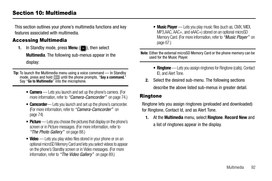 Section 10: multimedia, Accessing multimedia, Ringtone | Accessing multimedia ringtone | Samsung SCH-R520LBAXAR User Manual | Page 95 / 169