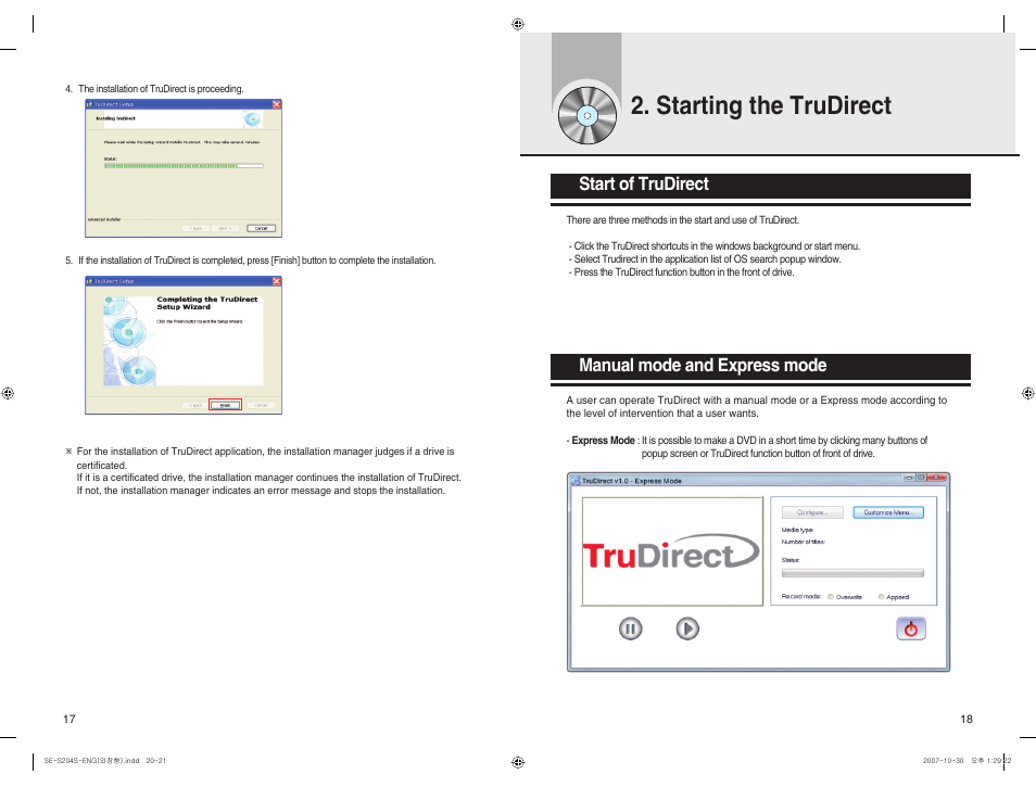 Starting the trudirect, Start of trudirect, Manual mode and express mode | Samsung SE-S204S-AMWN User Manual | Page 11 / 17