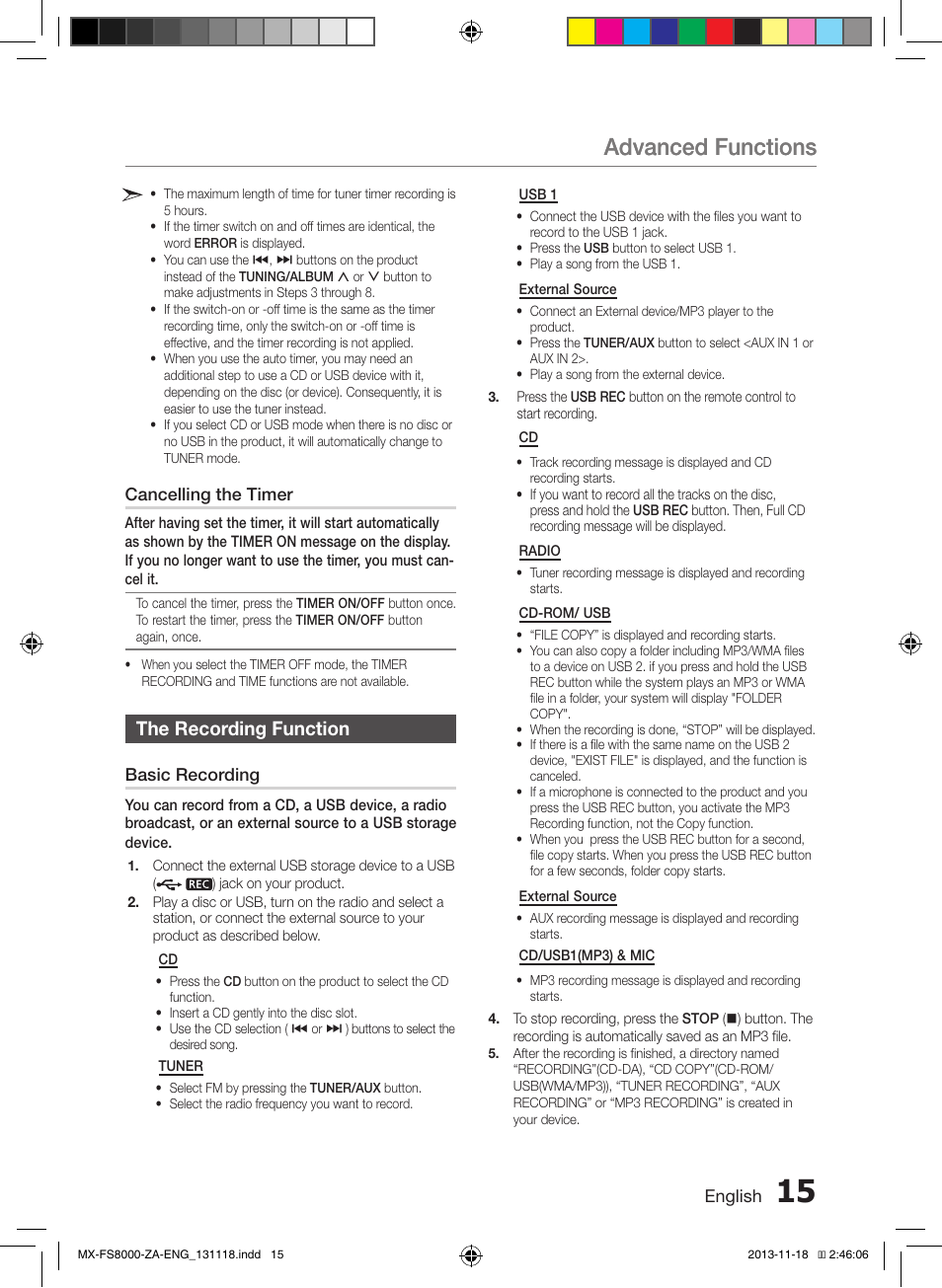 The recording function, Advanced functions | Samsung MX-FS8000-ZA User Manual | Page 15 / 21