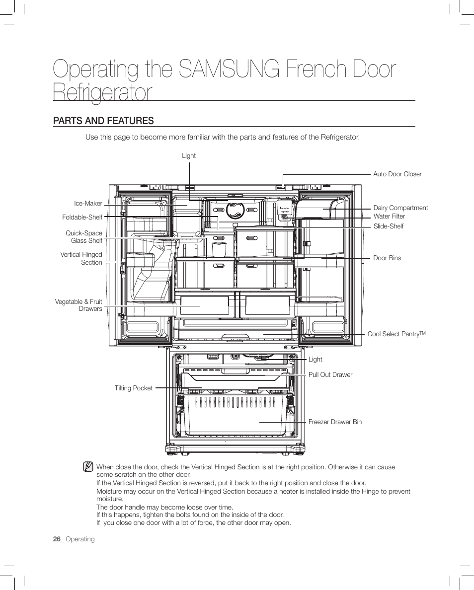 Parts and features, Operating the samsung french door refrigerator | Samsung RF267AASH-XAA User Manual | Page 26 / 40