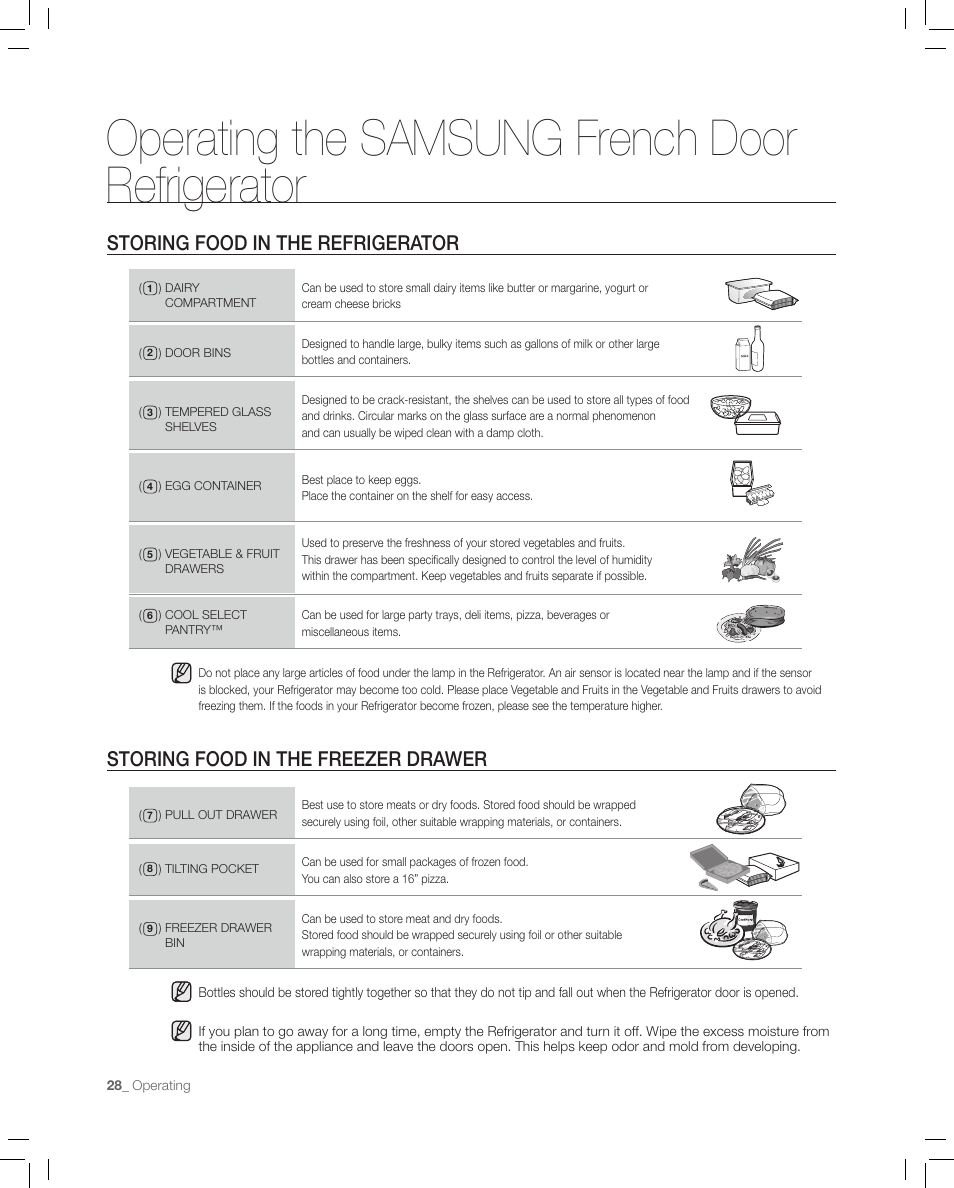 Storing food in the refrigerator, Storing food in the freezer drawer, Operating the samsung french door refrigerator | Samsung RF267AASH-XAA User Manual | Page 28 / 40