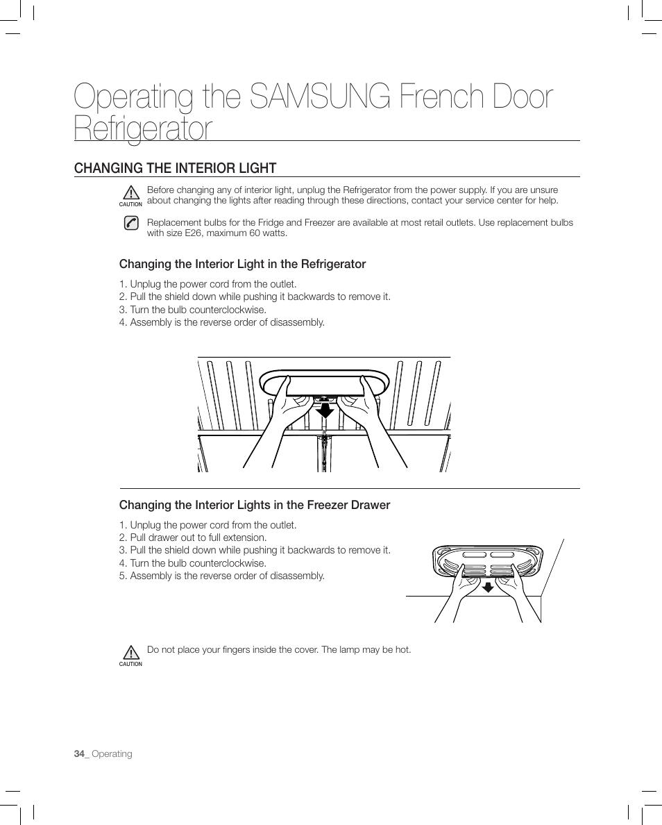 Changing the interior light, Operating the samsung french door refrigerator | Samsung RF267AASH-XAA User Manual | Page 34 / 40