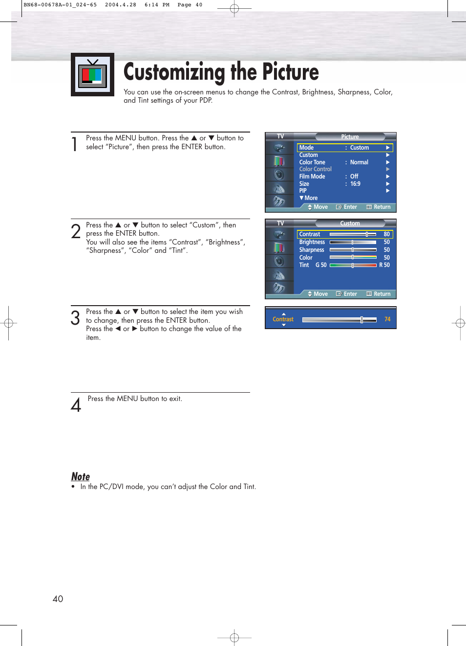 Customizing the picture | Samsung HPP4261X-XAP User Manual | Page 40 / 112