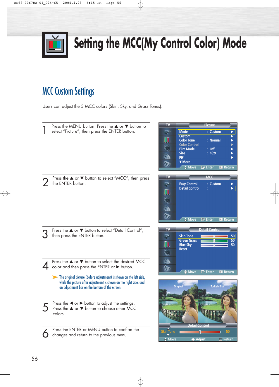 Setting the mcc(my control color) mode, Mcc custom settings | Samsung HPP4261X-XAP User Manual | Page 56 / 112