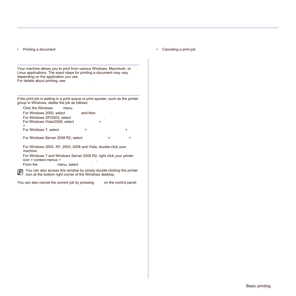 Basic printing, Printing a document, Canceling a print job | Samsung SCX-6545N-XPE User Manual | Page 113 / 190