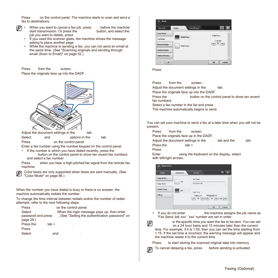 Sending a fax manually (on hook dial), Automatic resending, Redialing the last number | Delaying a fax transmission, Sending a fax manually ( on | Samsung SCX-6545N-XPE User Manual | Page 116 / 190