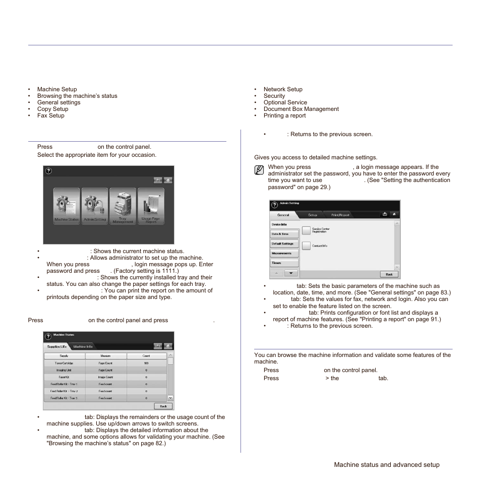 Machine status and advanced setup, Machine setup, Machine status screen | Admin setting screen, Browsing the machine’s status | Samsung SCX-6545N-XPE User Manual | Page 135 / 190