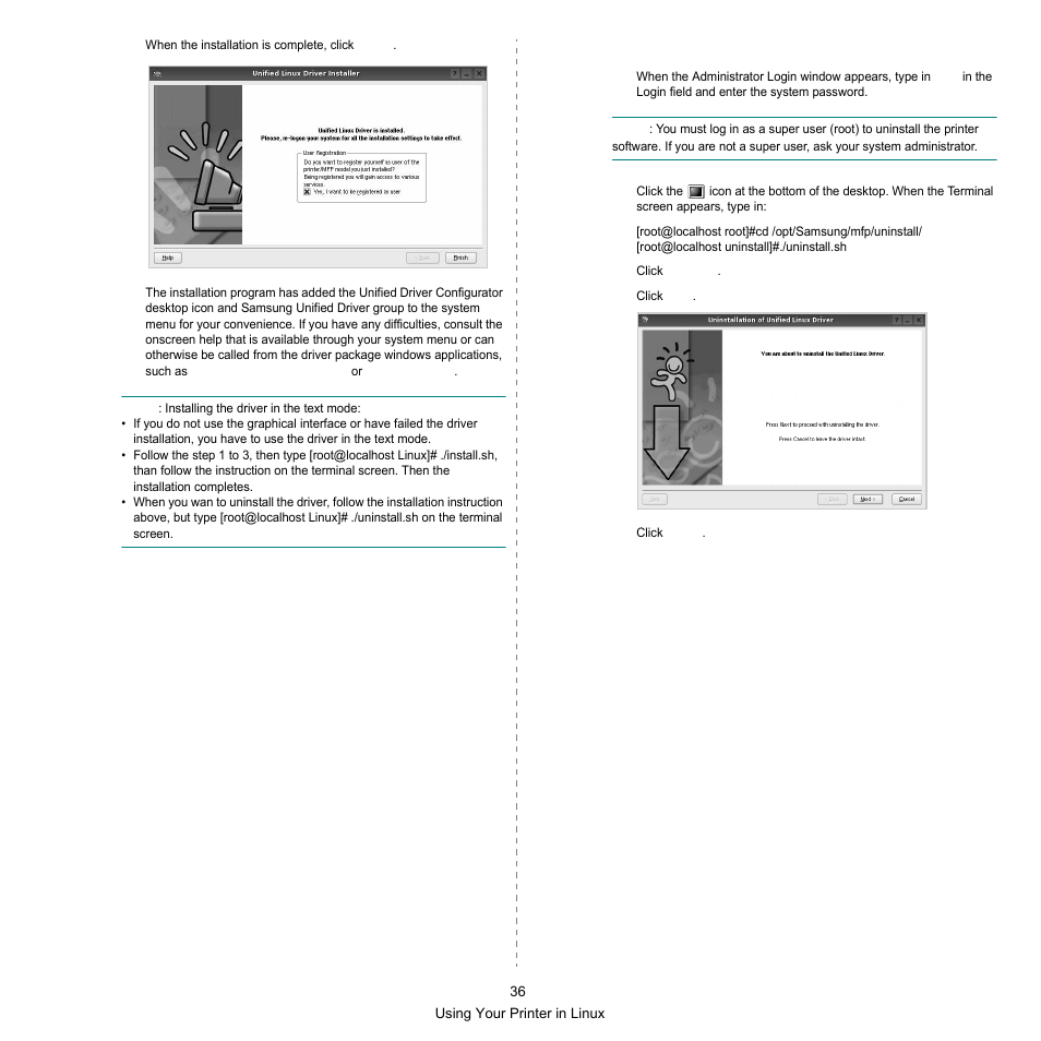 Uninstalling the unified linux driver | Samsung SCX-6545N-XPE User Manual | Page 38 / 190