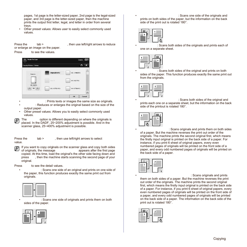 Reducing or enlarging copies, Copying on both sides of originals (duplex), Copying on both sides of originals | Samsung SCX-6545N-XPE User Manual | Page 96 / 190