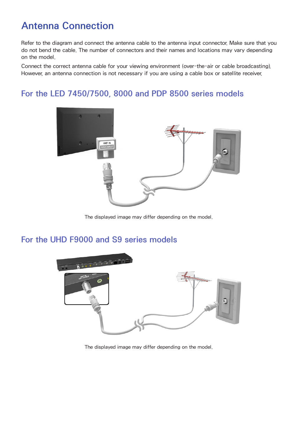 Getting started, Antenna connection, For the led 7450/7500, 8000 and pdp 8500 series | Models, For the uhd f9000 and s9 series models | Samsung PN51F8500AFXZA User Manual | Page 10 / 183