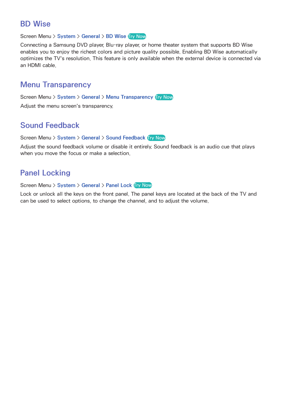 111 bd wise, 111 menu transparency, 111 sound feedback | 111 panel locking, Bd wise, Menu transparency, Sound feedback, Panel locking | Samsung PN51F8500AFXZA User Manual | Page 118 / 183