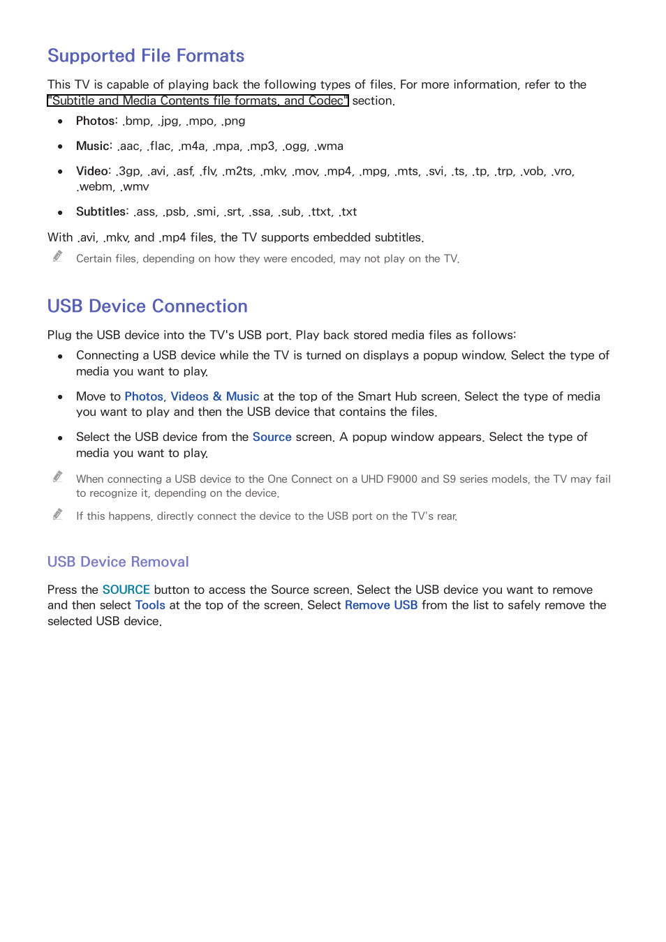 134 supported file formats, 134 usb device connection, 134 usb device removal | Supported file formats, Usb device connection | Samsung PN51F8500AFXZA User Manual | Page 141 / 183