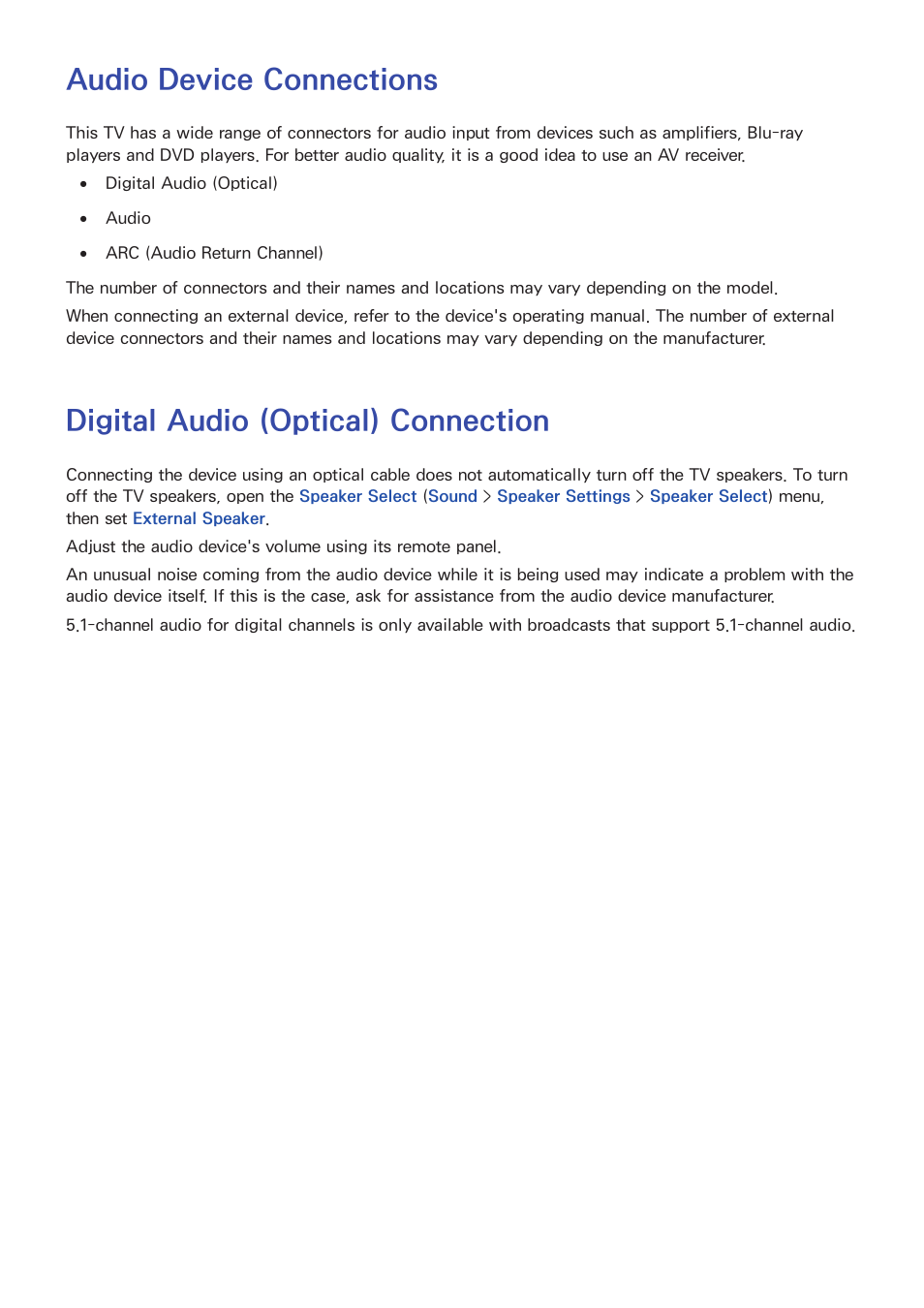 Audio device connections, Digital audio (optical) connection | Samsung PN51F8500AFXZA User Manual | Page 20 / 183