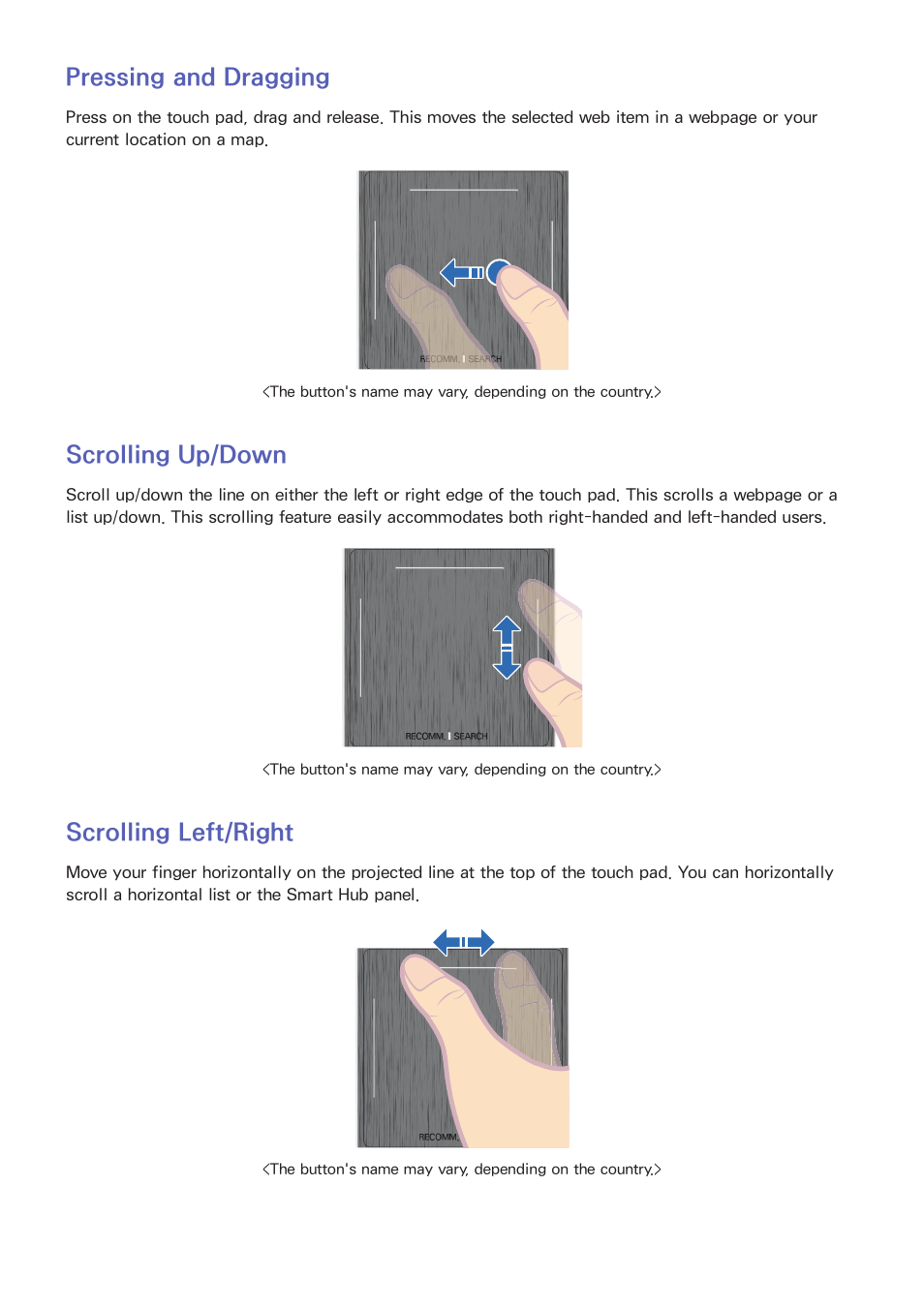 52 pressing and dragging, 52 scrolling up/down, 52 scrolling left/right | Pressing and dragging, Scrolling up/down, Scrolling left/right | Samsung PN51F8500AFXZA User Manual | Page 59 / 183