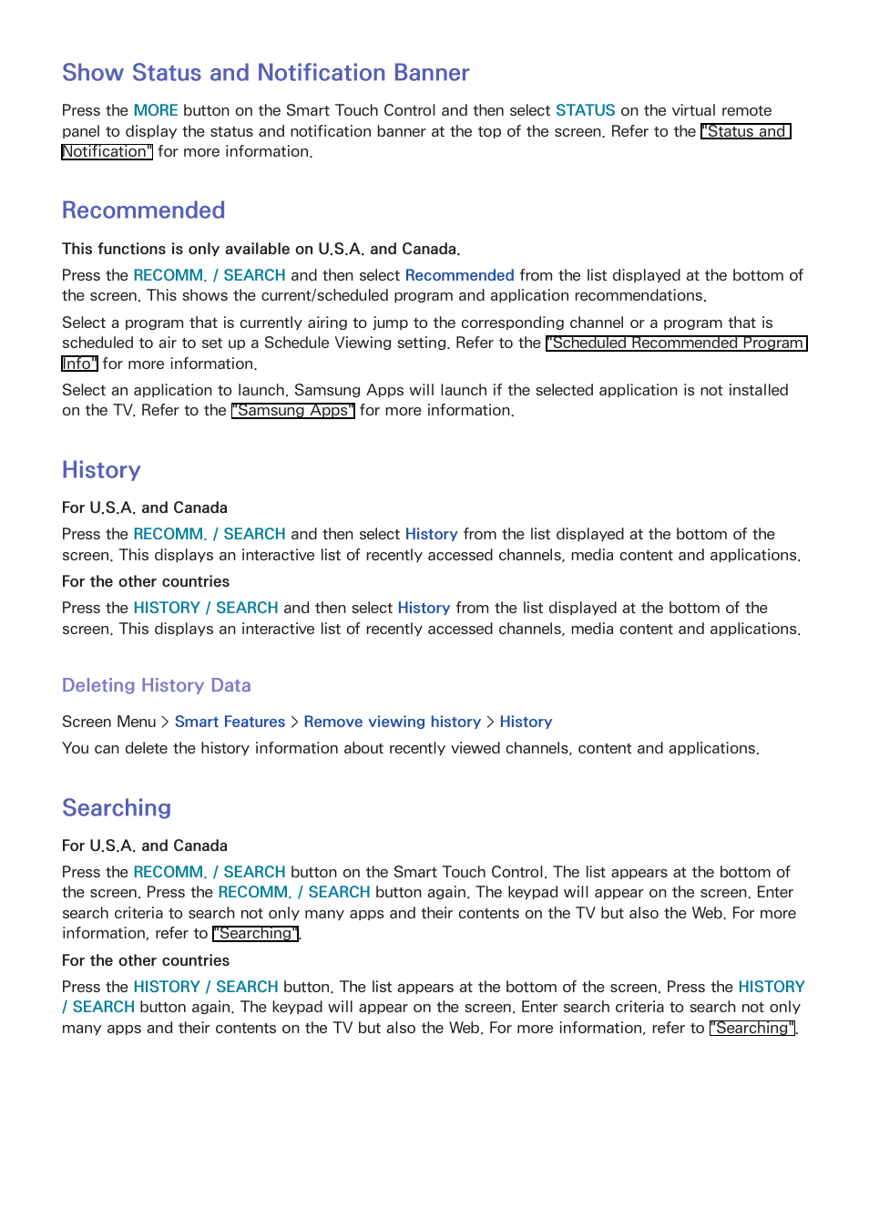 54 show status and notification banner, 54 recommended, 54 history | Deleting history data, 54 searching, Show status and notification banner, Recommended, History, Searching | Samsung PN51F8500AFXZA User Manual | Page 61 / 183