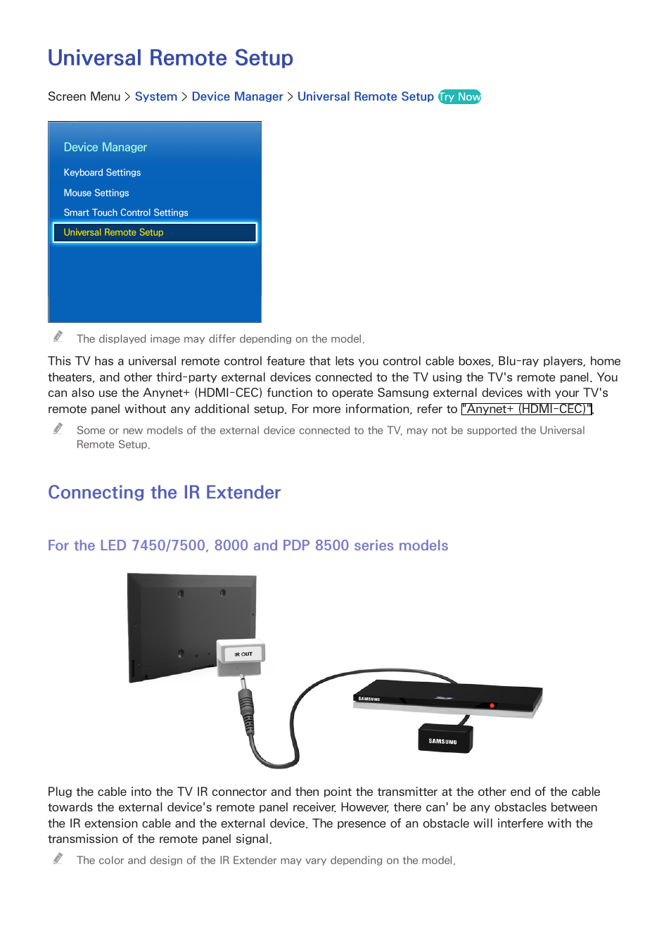 Universal remote setup, 56 connecting the ir extender, Connecting the ir extender | Samsung PN51F8500AFXZA User Manual | Page 63 / 183