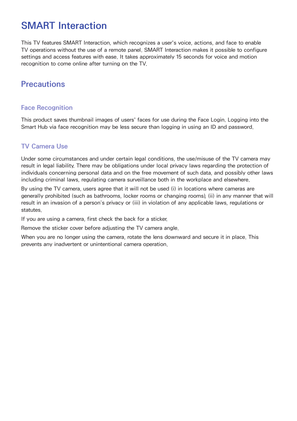 Smart interaction, 59 precautions, Face recognition | Tv camera use, Precautions | Samsung PN51F8500AFXZA User Manual | Page 66 / 183