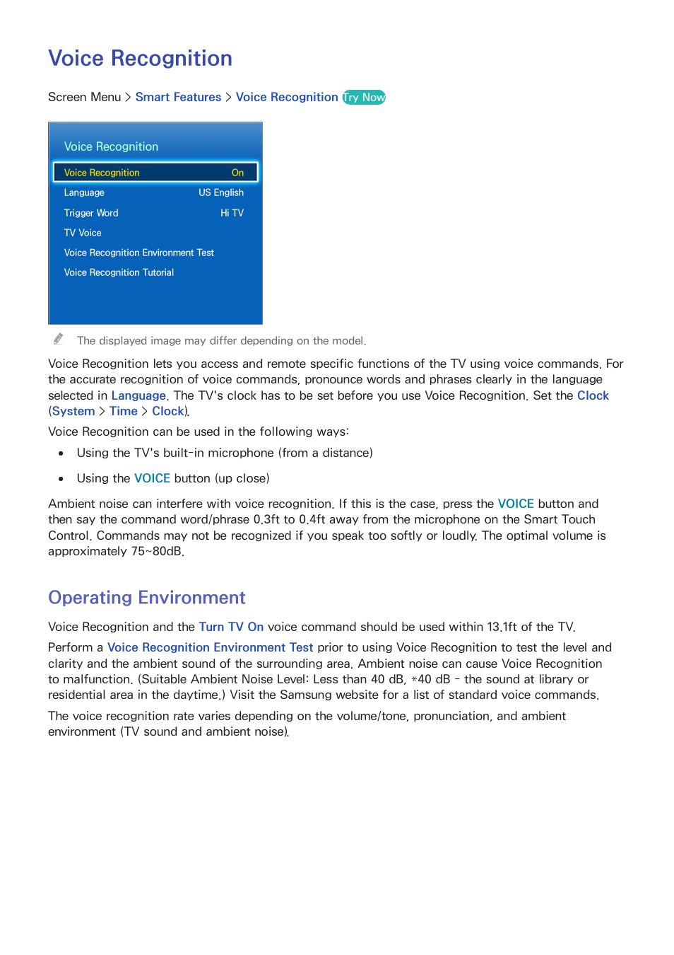 Voice recognition, Operating environment, O "voice recognition" fo | Samsung PN51F8500AFXZA User Manual | Page 68 / 183