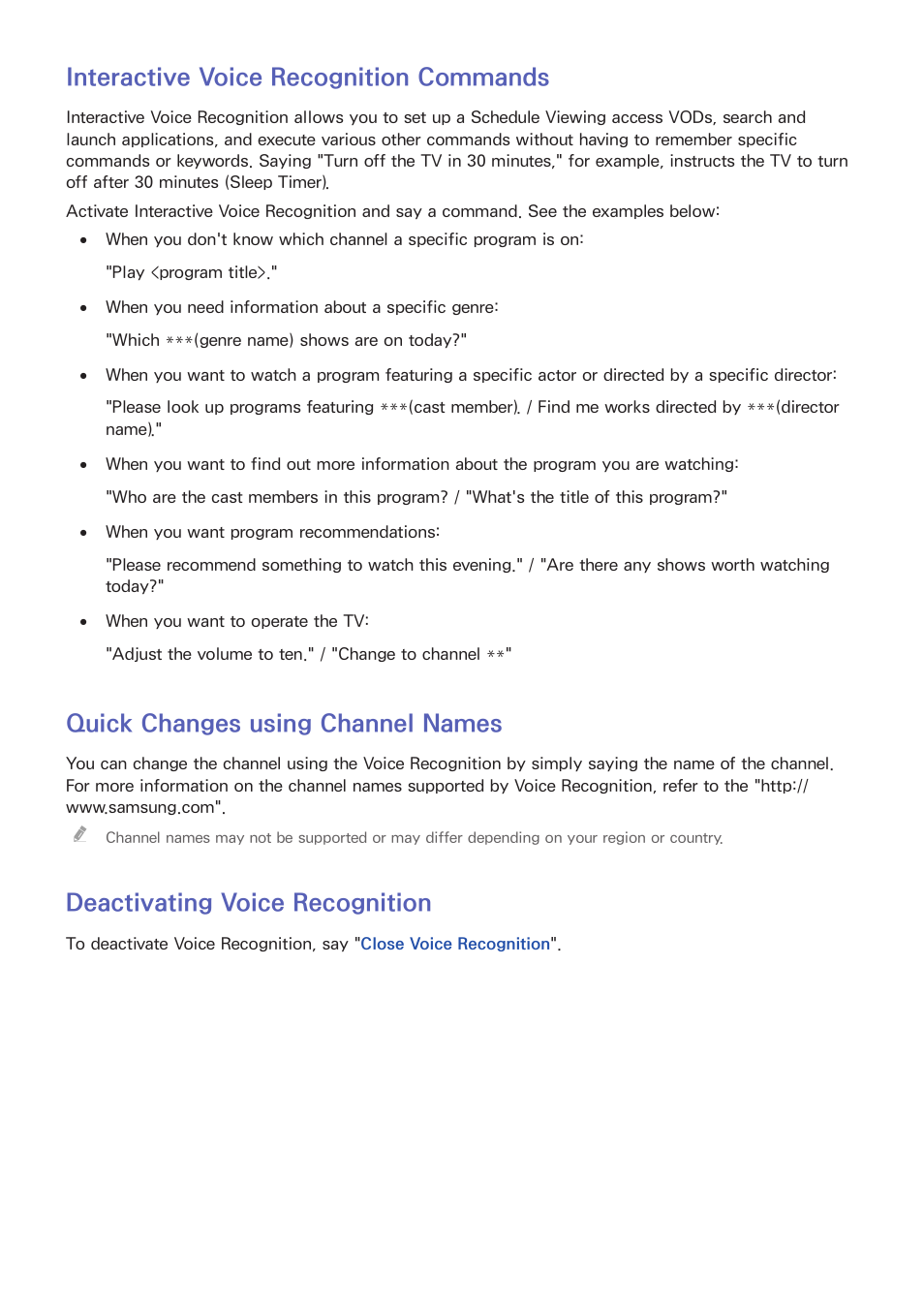 64 interactive voice recognition commands, 64 quick changes using channel names, 64 deactivating voice recognition | Interactive voice recognition commands, Quick changes using channel names, Deactivating voice recognition | Samsung PN51F8500AFXZA User Manual | Page 71 / 183